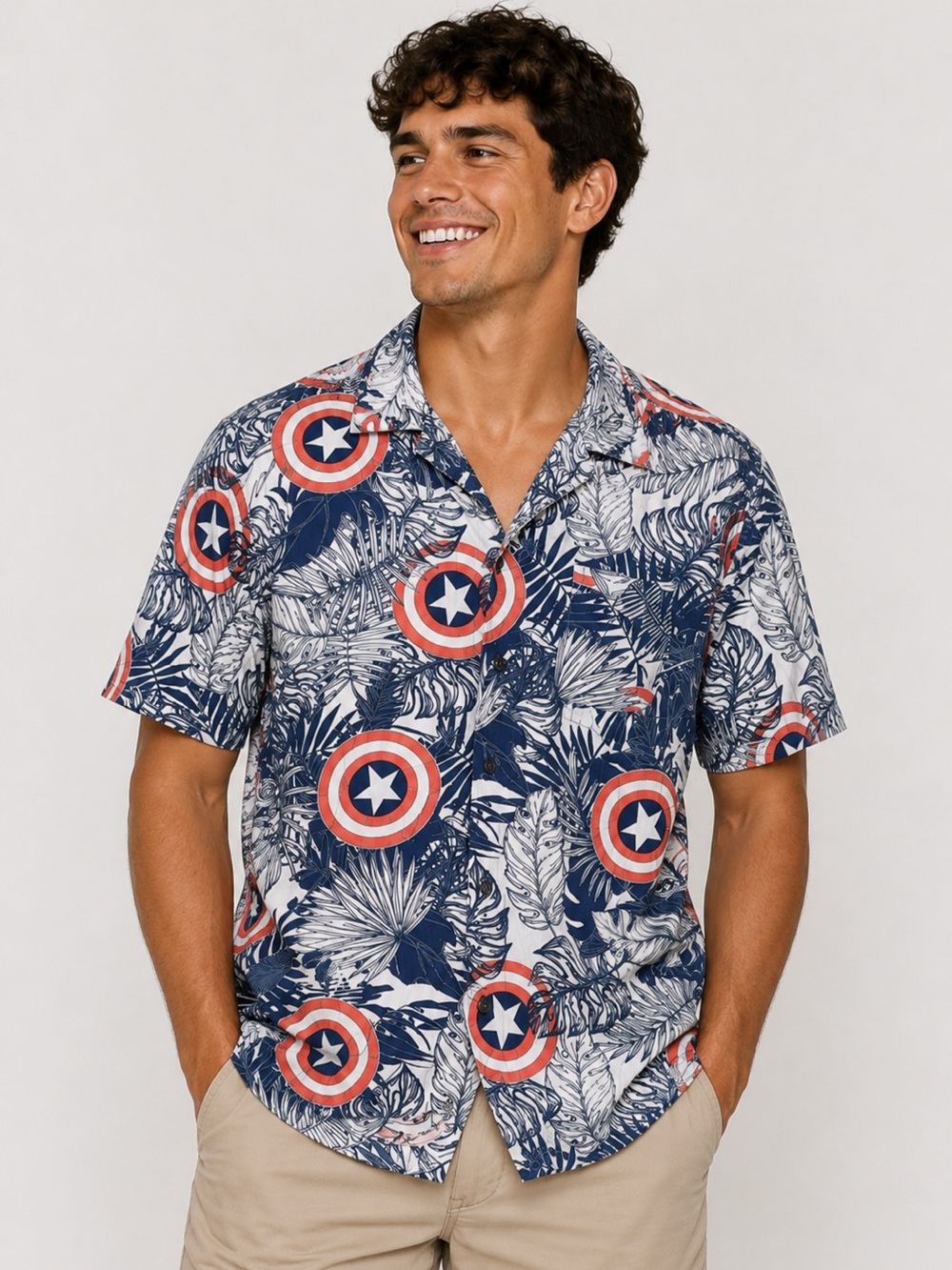 Marvel Captain America Hawaiian Aloha Shirt Tropical Print Men’s Medium USA 🇺🇸